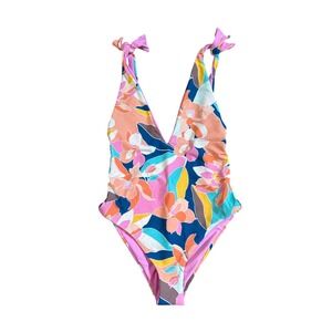 Kikirio One Piece Swimsuit Womens Pink Floral Tie Shoulder NWT SIZE M